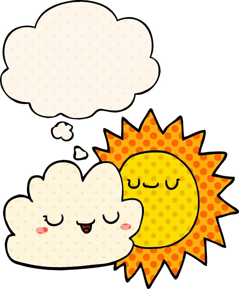 cartoon sun and cloud and thought bubble in comic book style vector