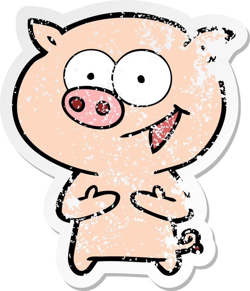 distressed sticker of a cheerful pig cartoon vector