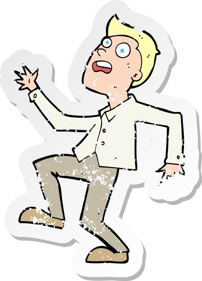 retro distressed sticker of a cartoon man panicking vector