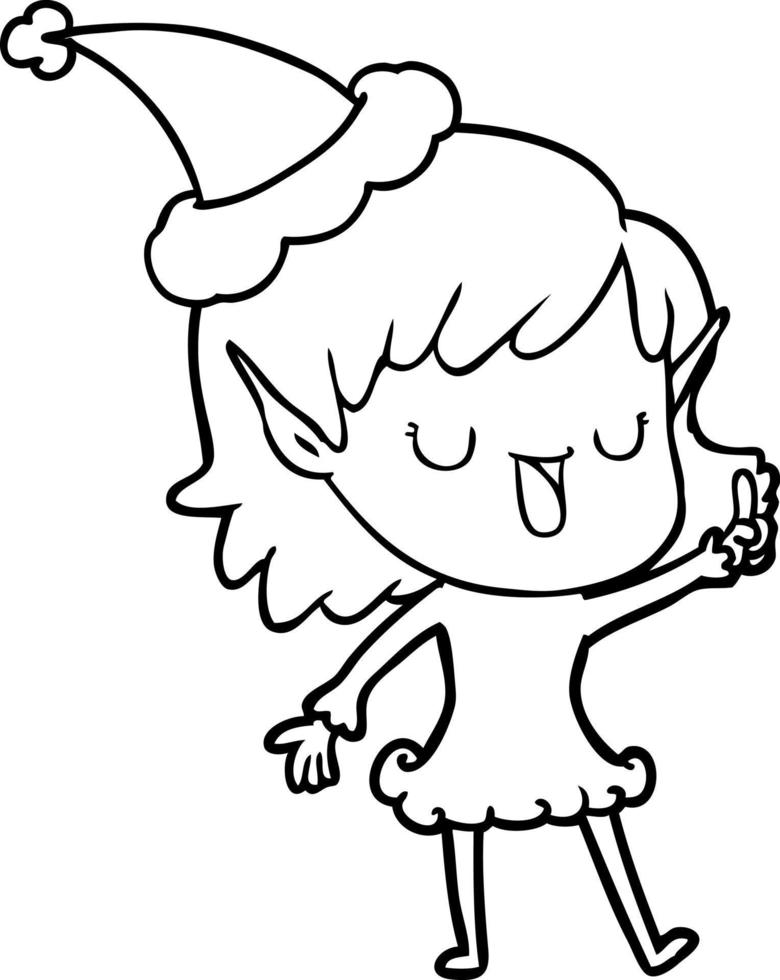 line drawing of a elf girl wearing santa hat vector