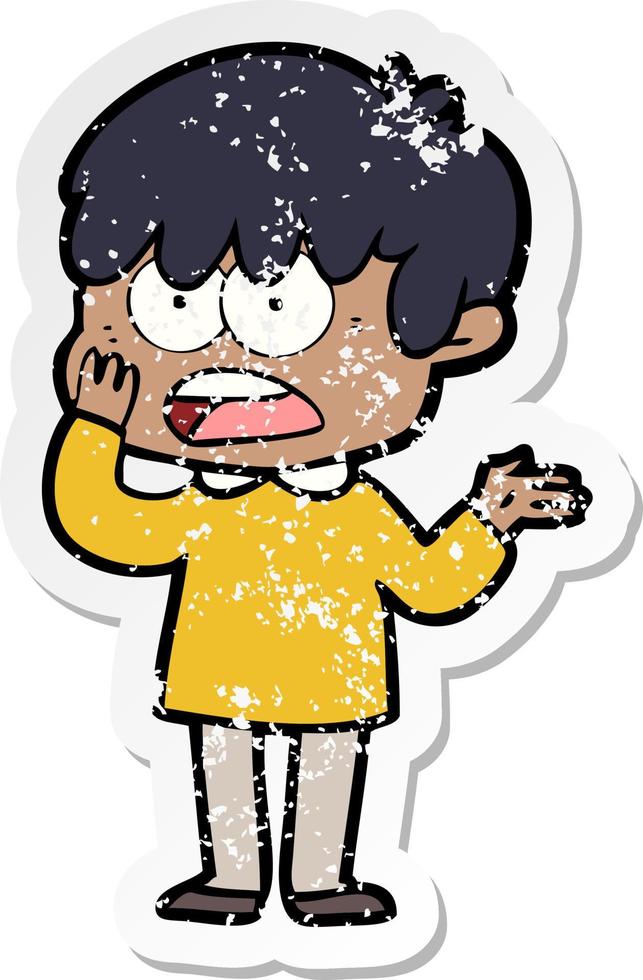distressed sticker of a worried cartoon boy vector