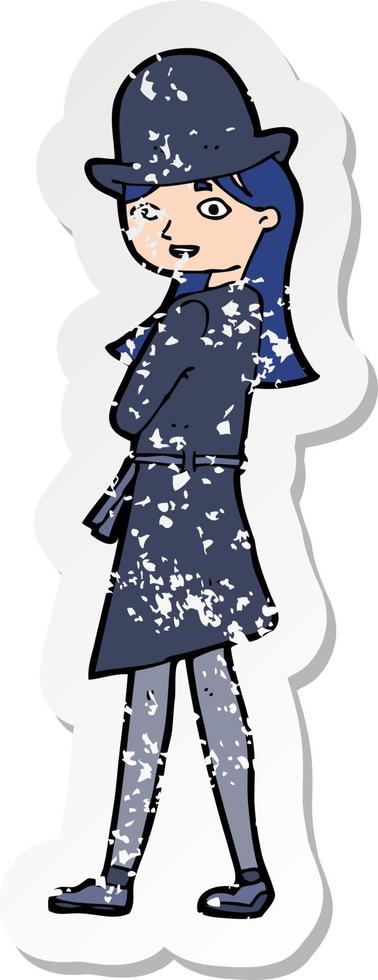 pegatina retro angustiada de una mujer de dibujos animados con un sombrero sensato vector