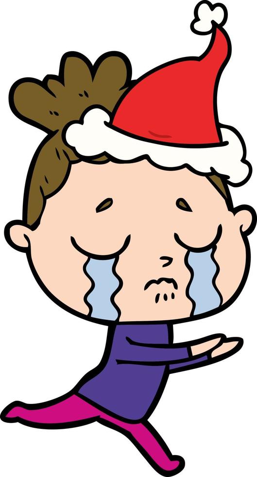 line drawing of a crying woman wearing santa hat vector