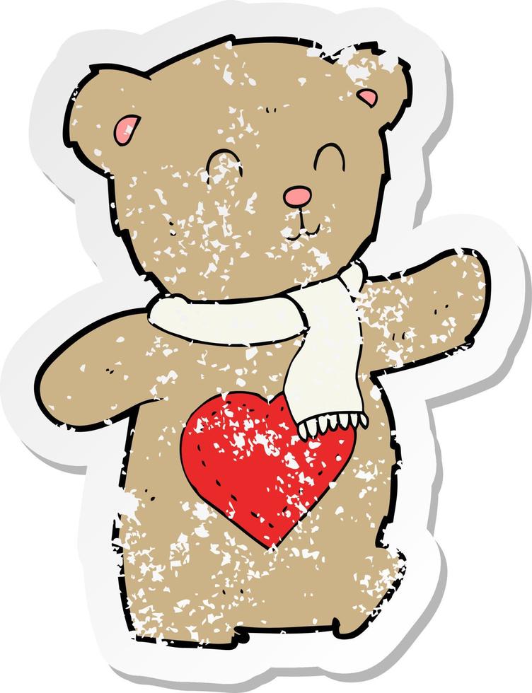 pegatina retro angustiada de un oso de peluche de dibujos animados con corazón de amor vector