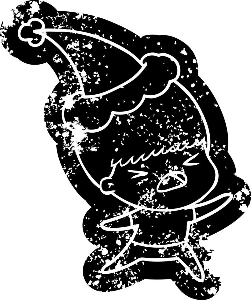 cartoon distressed icon of a stressed man wearing santa hat vector