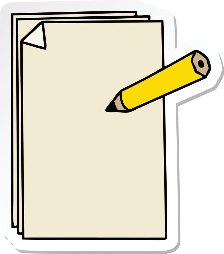 sticker of a quirky hand drawn cartoon paper and pencil vector