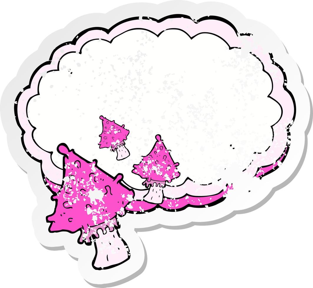 retro distressed sticker of a cartoon mushrooms space text cloud vector