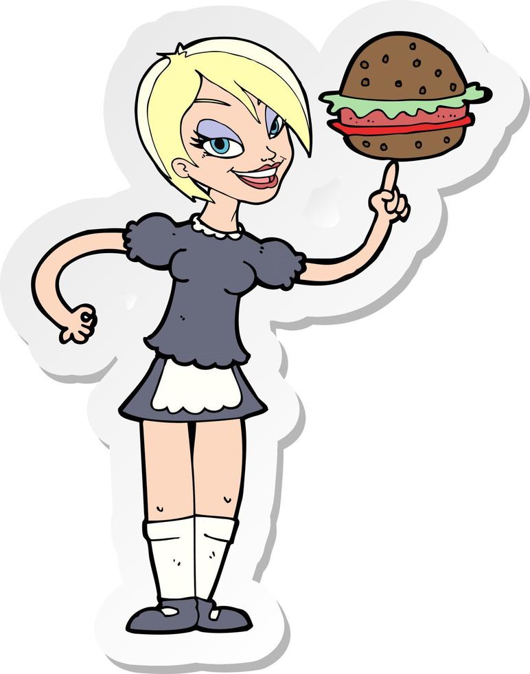pegatina de una camarera de dibujos animados que sirve una hamburguesa vector