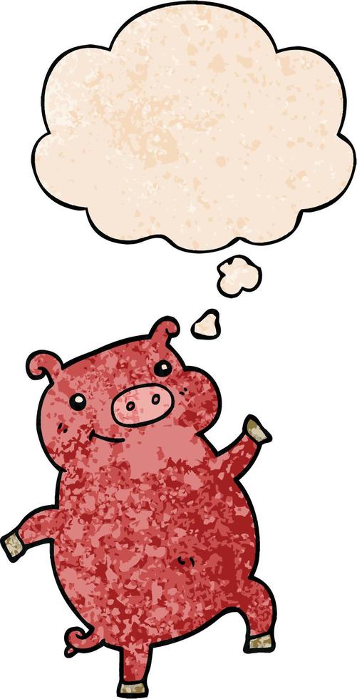 cartoon dancing pig and thought bubble in grunge texture pattern style vector