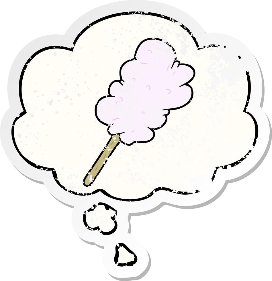 cartoon candy floss and thought bubble as a distressed worn sticker vector