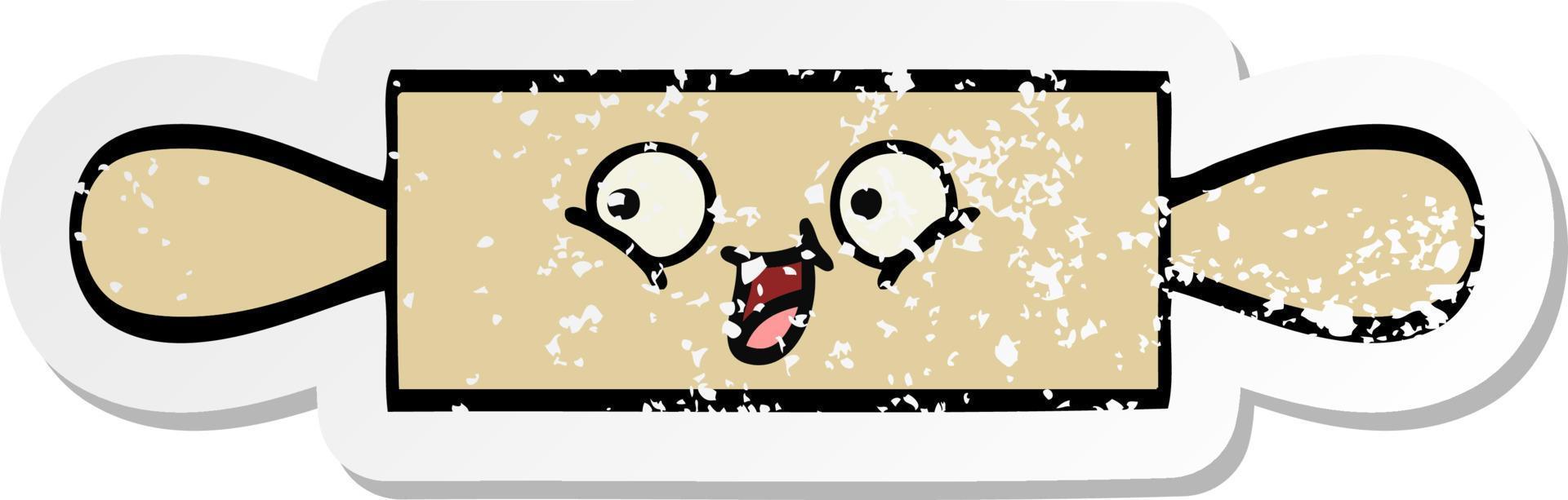 distressed sticker of a cute cartoon rolling pin vector