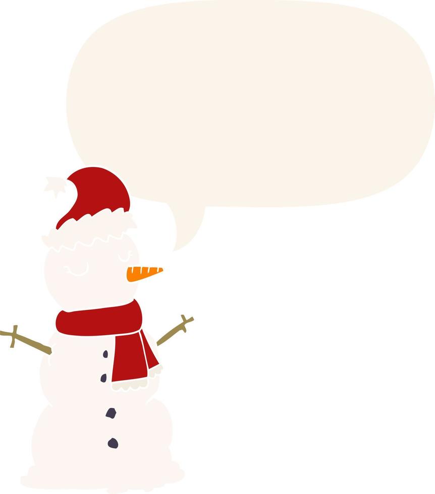 cartoon snowman and speech bubble in retro style vector