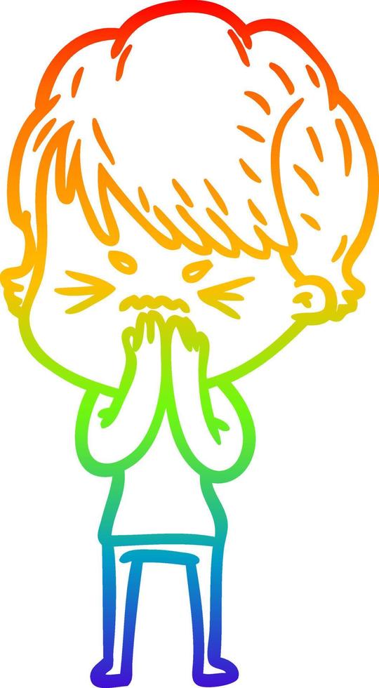 rainbow gradient line drawing cartoon frustrated woman vector