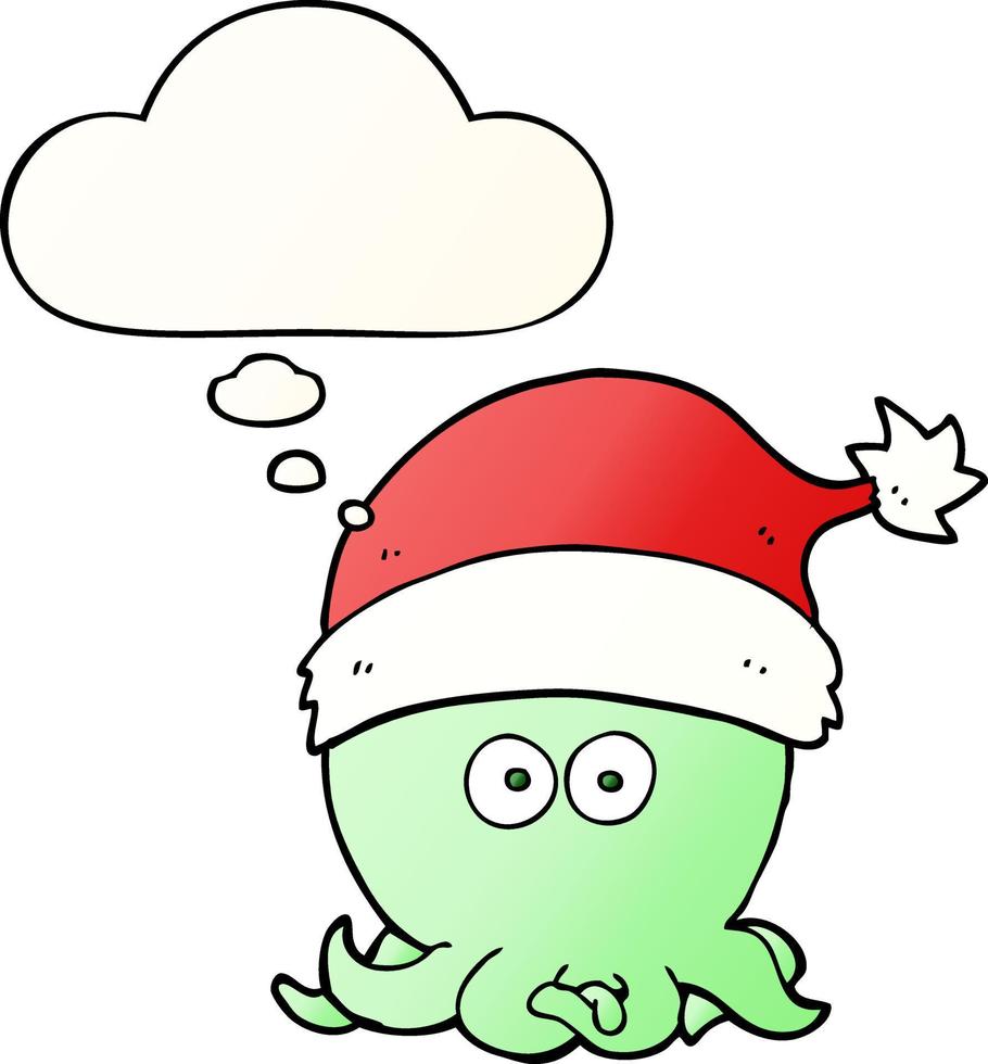 cartoon octopus wearing christmas hat and thought bubble in smooth gradient style vector