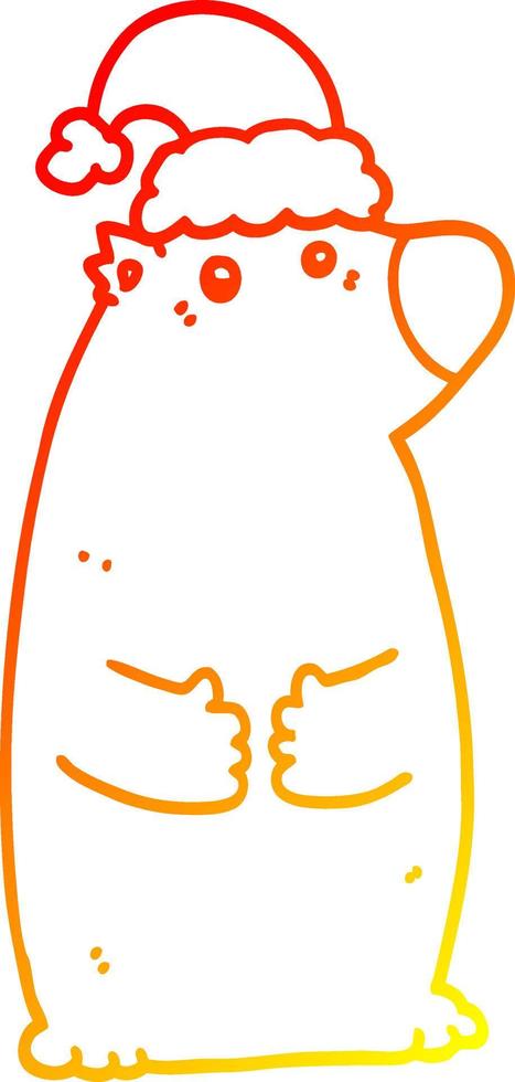 warm gradient line drawing cartoon bear wearing christmas hat vector