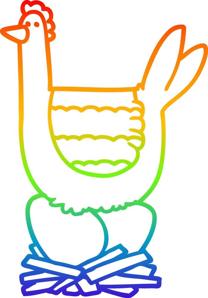 rainbow gradient line drawing cartoon chicken sitting on eggs in nest vector