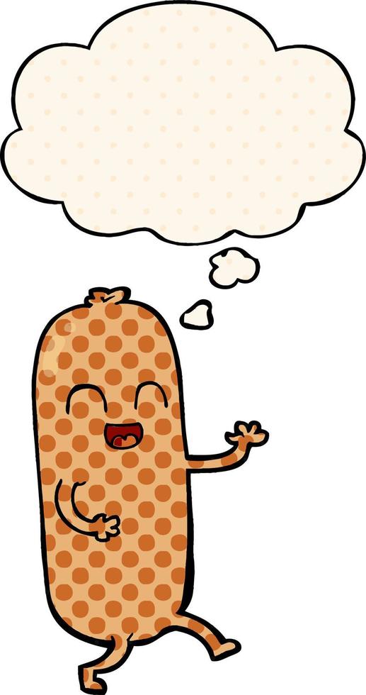 cartoon dancing sausage and thought bubble in comic book style vector