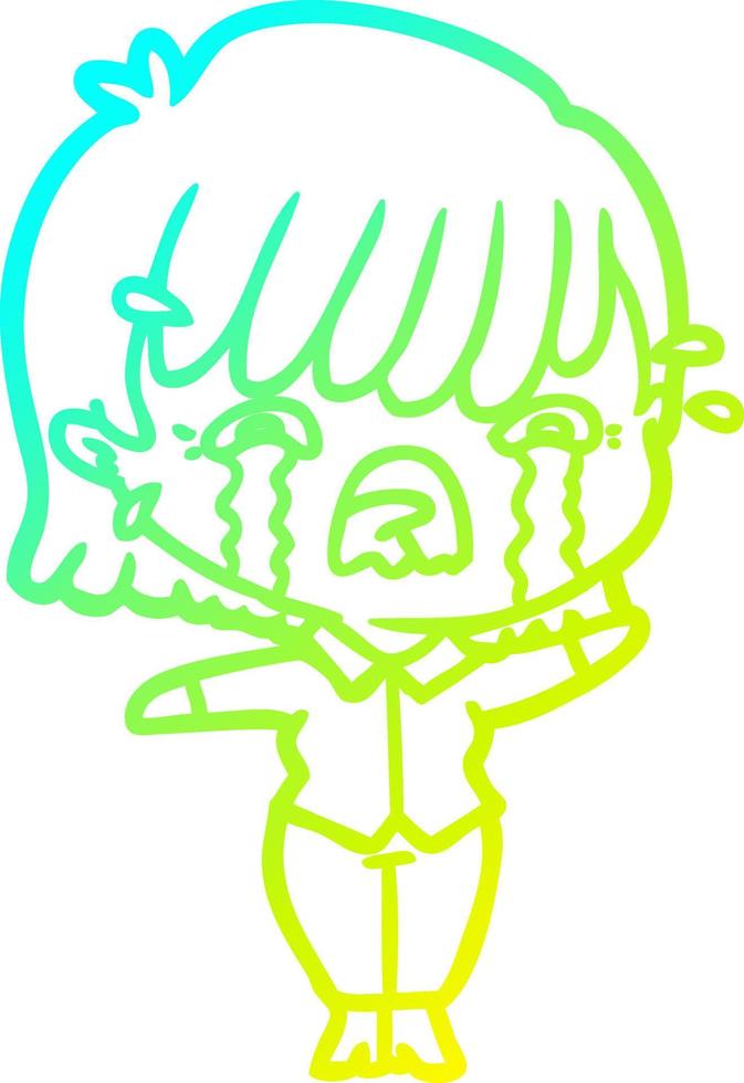 cold gradient line drawing cartoon girl crying vector