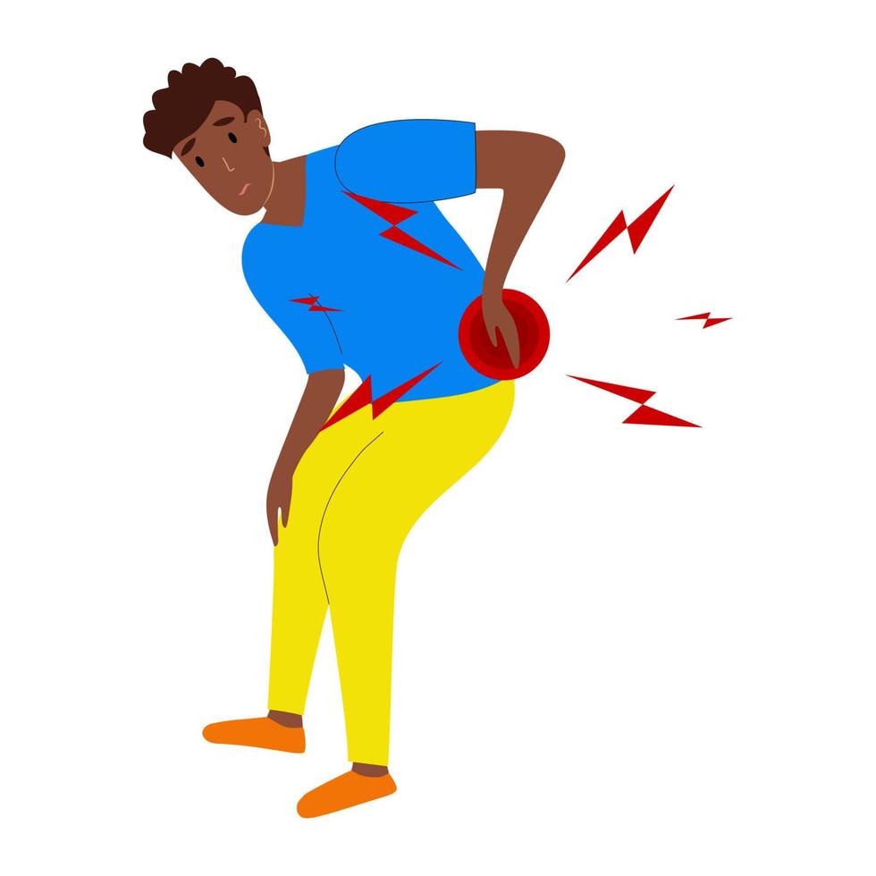 Afro American man has low back pain and sciatica from a herniated disc. Medical diagrams about trapped nerves make patients chronic pain in the back and paralysis. Vector illustration.
