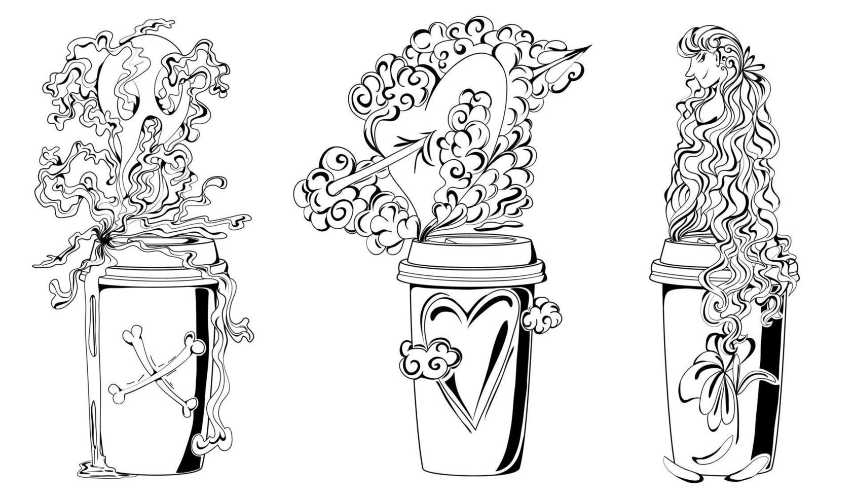 Coffee poison. love potion. Youth elixir. Set illustrations of a coffee cup with toxic components. Black illustration. vector