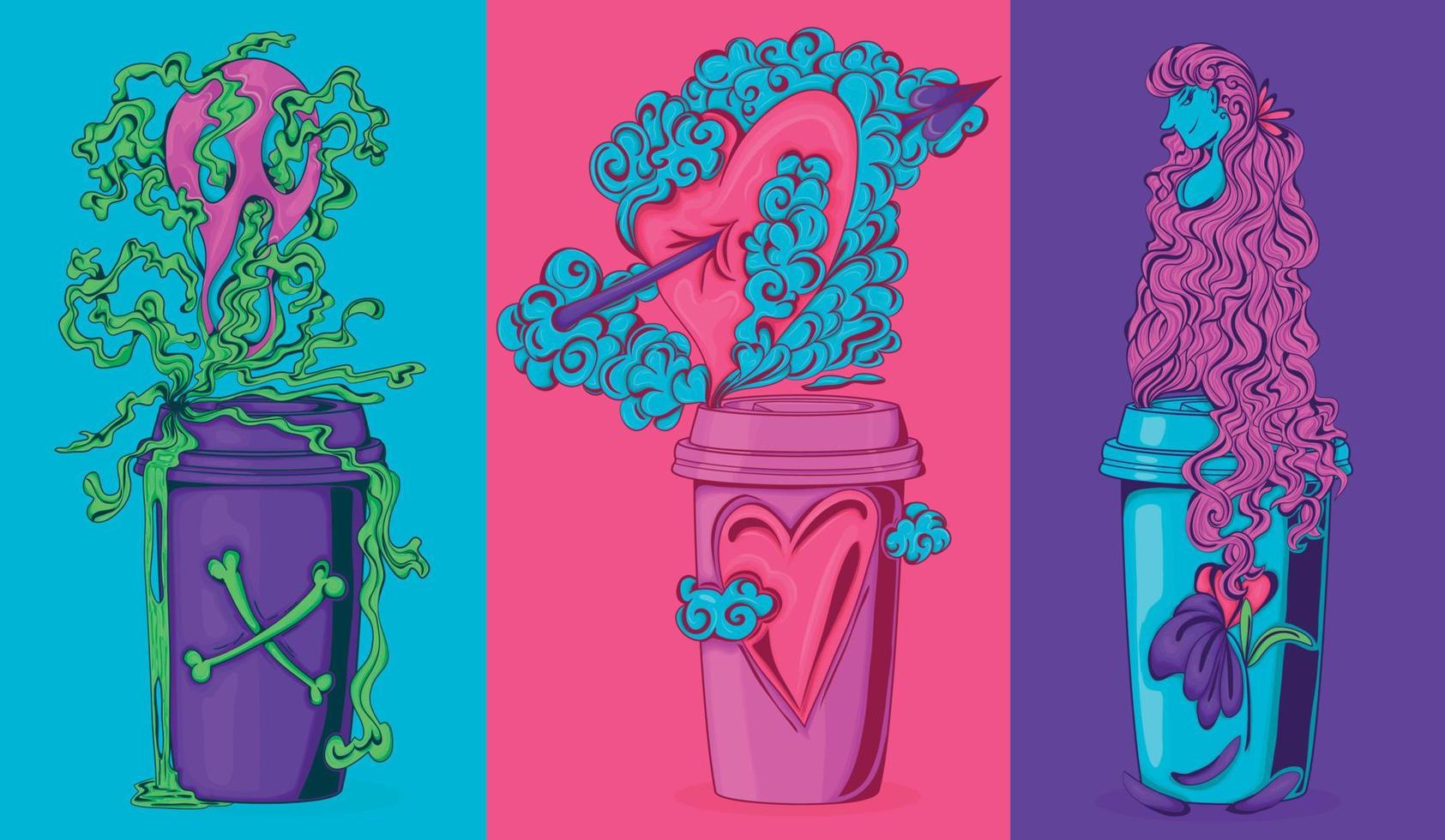 Coffee poison. love potion. Youth elixir. Set illustrations of a coffee cup with toxic components. Color illustration. vector