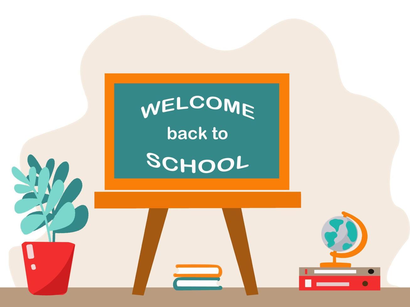 Welcome back to school concept. School chalkboard, globe, books, plant vector