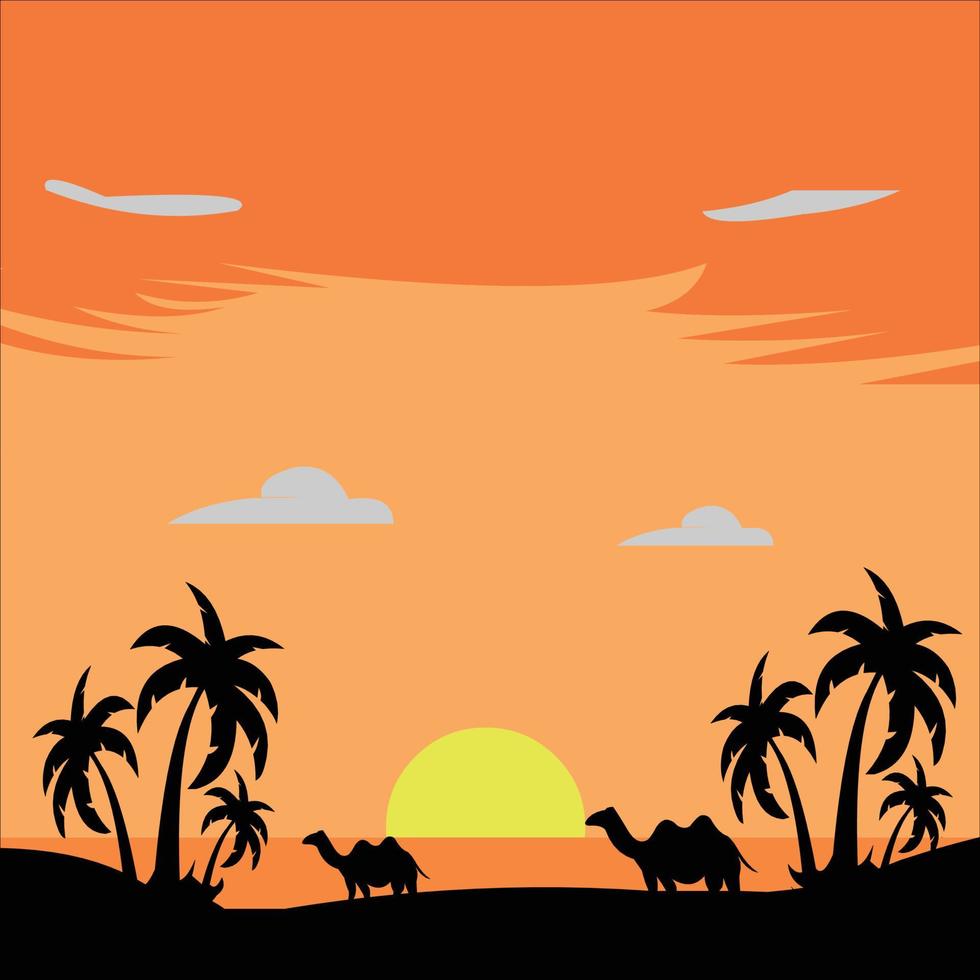 image of a sunset combined with two camels and two palm trees vector