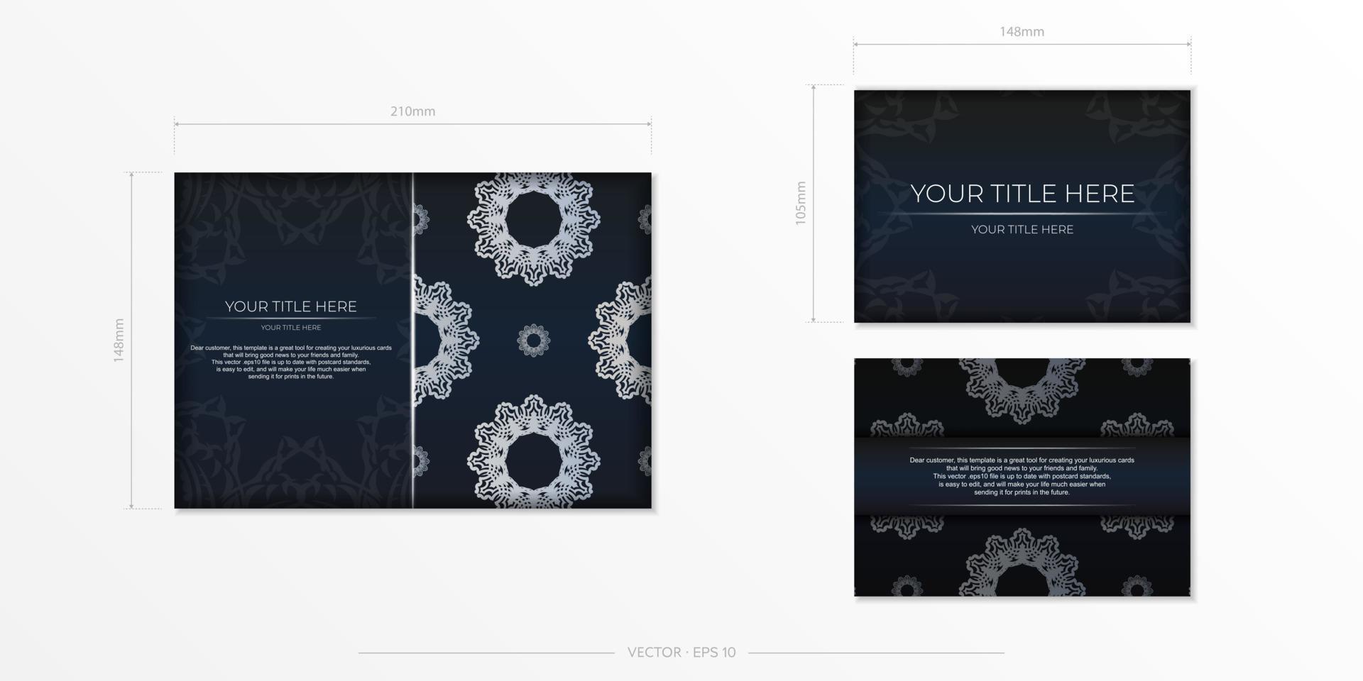 Dark blue postcard template with white abstract mandala ornament. Elegant and classic vector elements are great for decoration.