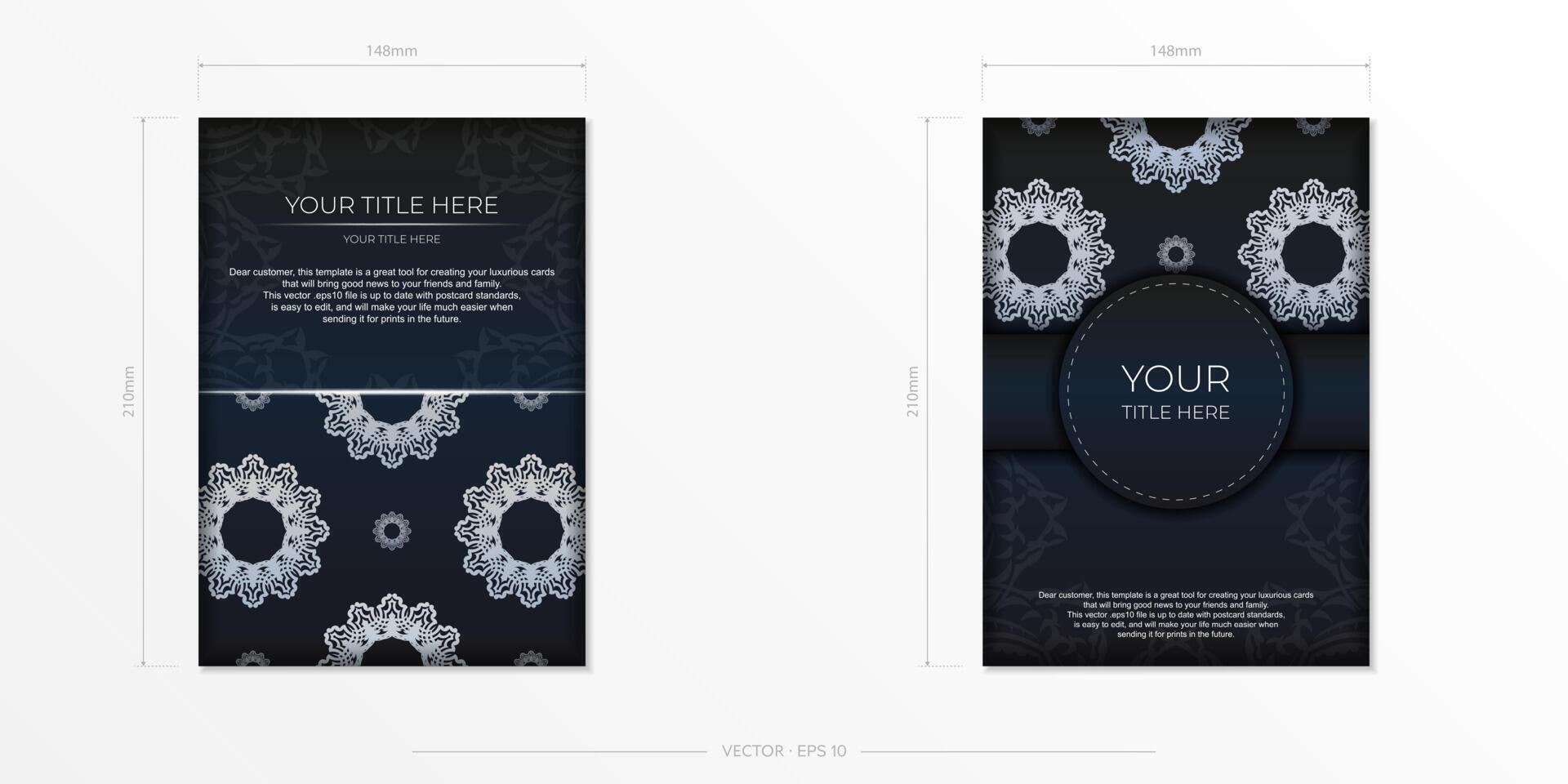 Dark blue postcard template with white abstract mandala ornament. Elegant and classic vector elements ready for print and typography.