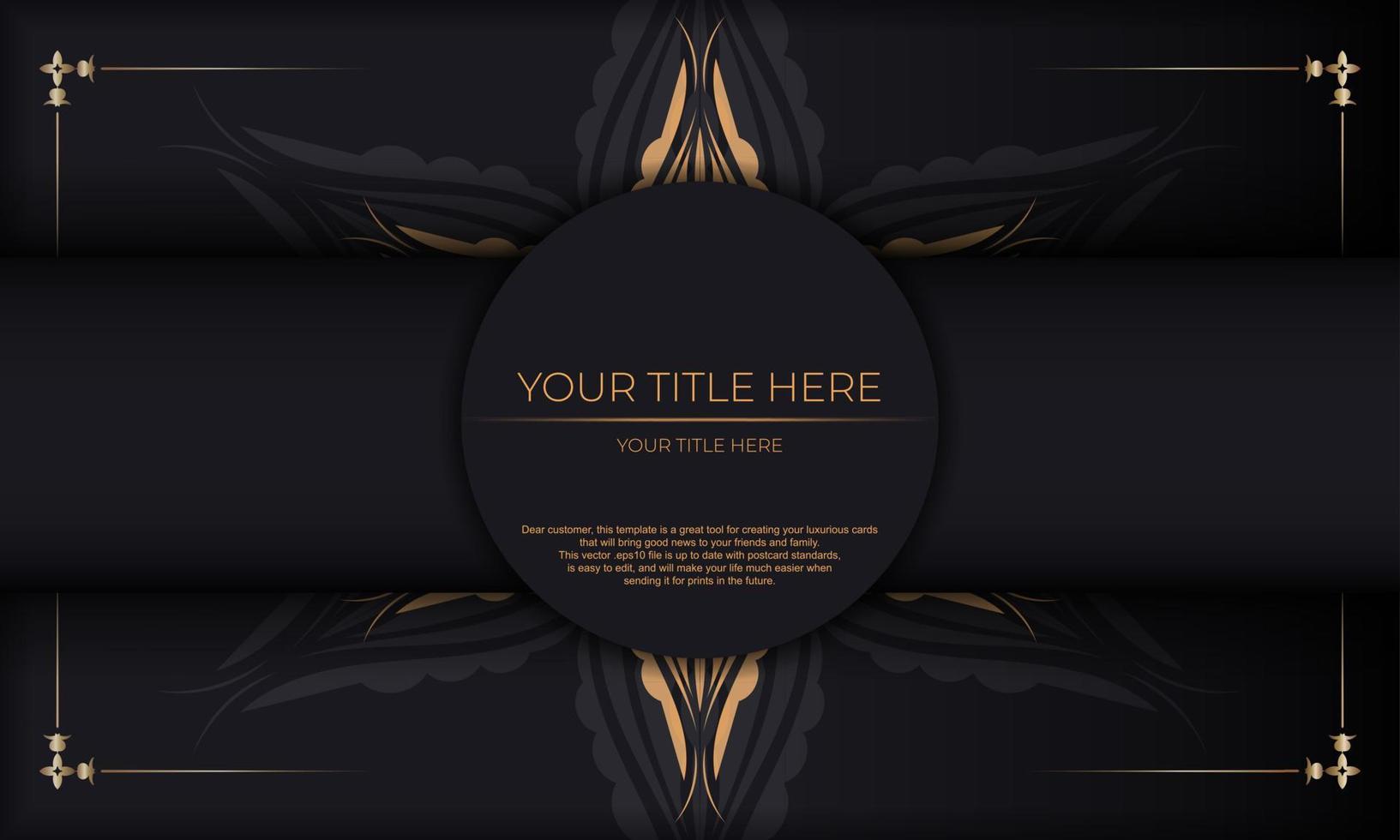 Luxurious black postcard template with vintage indian ornaments. Elegant and classic elements ready for print and typography. Vector illustration.