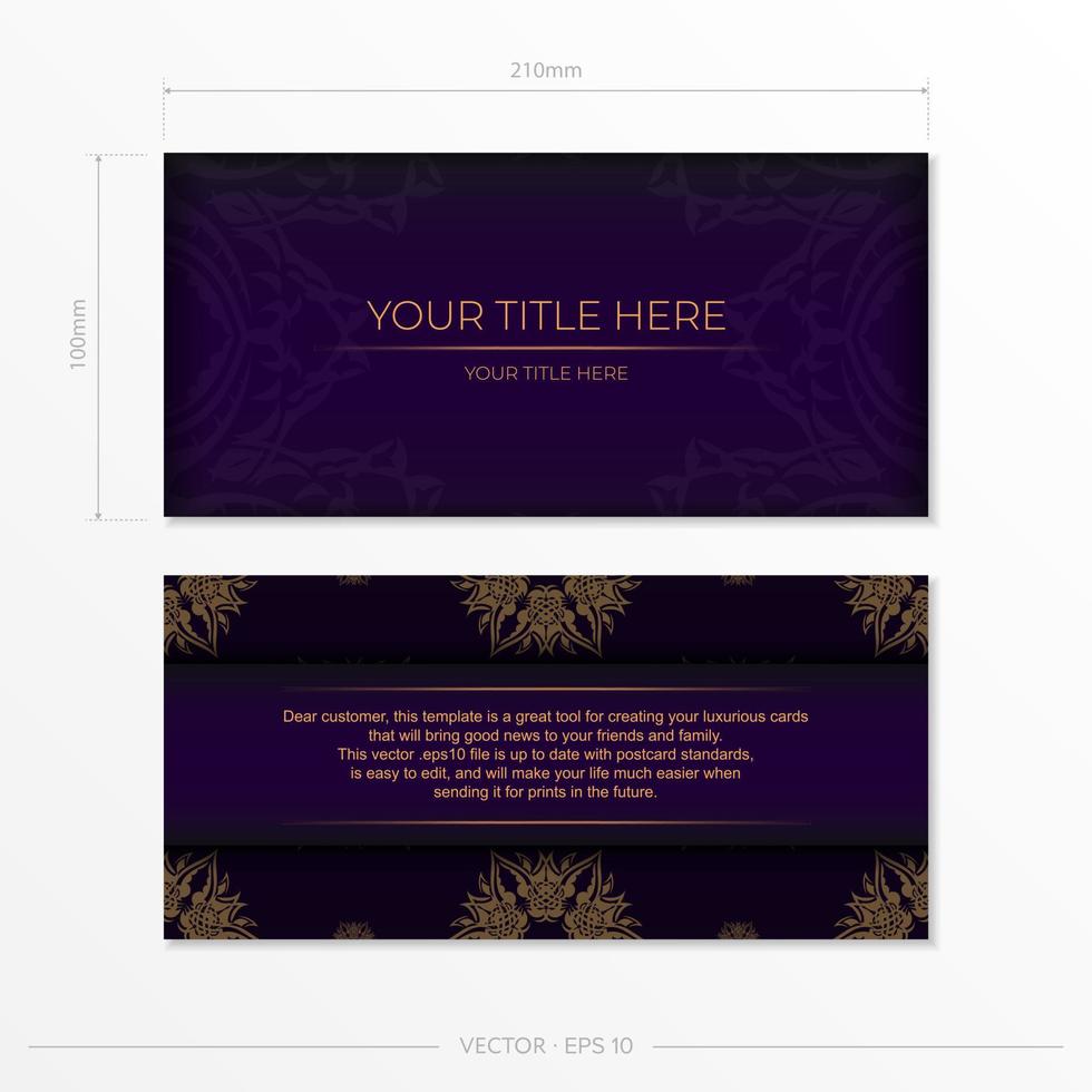 Luxurious purple rectangular invitation card template with vintage indian ornaments. Elegant and classic vector elements ready for print and typography.