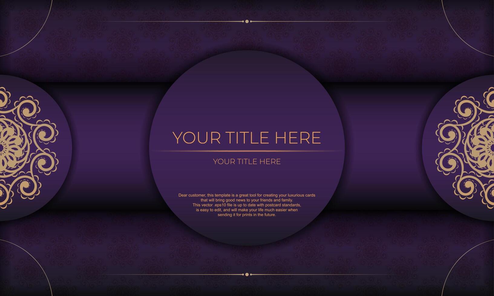 Luxurious purple invitation card template with vintage indian ornaments. Elegant and classic elements ready for print and typography. Vector illustration.