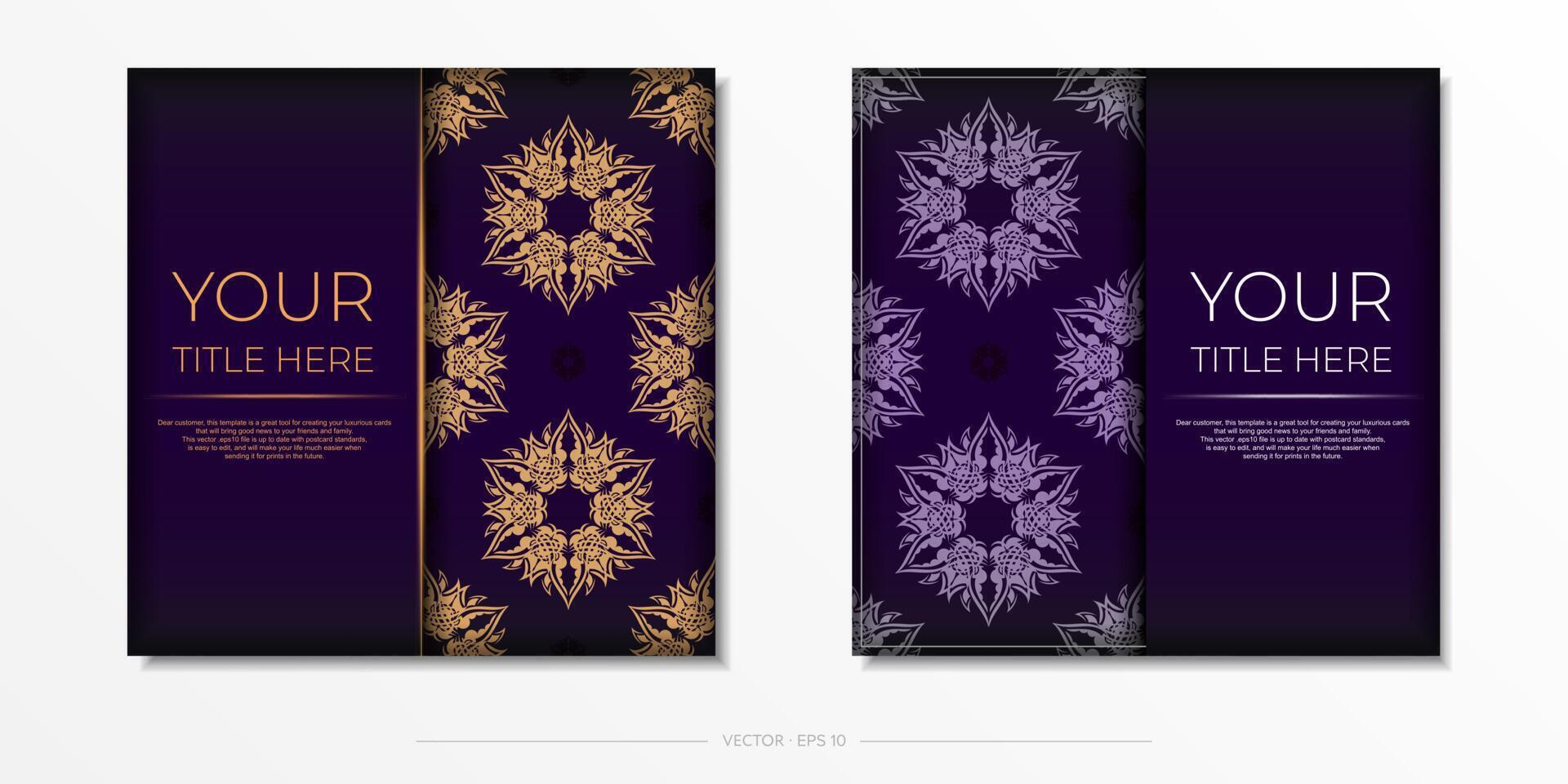 Luxurious purple square postcard template with vintage indian ornaments. Elegant and classic vector elements ready for print and typography.