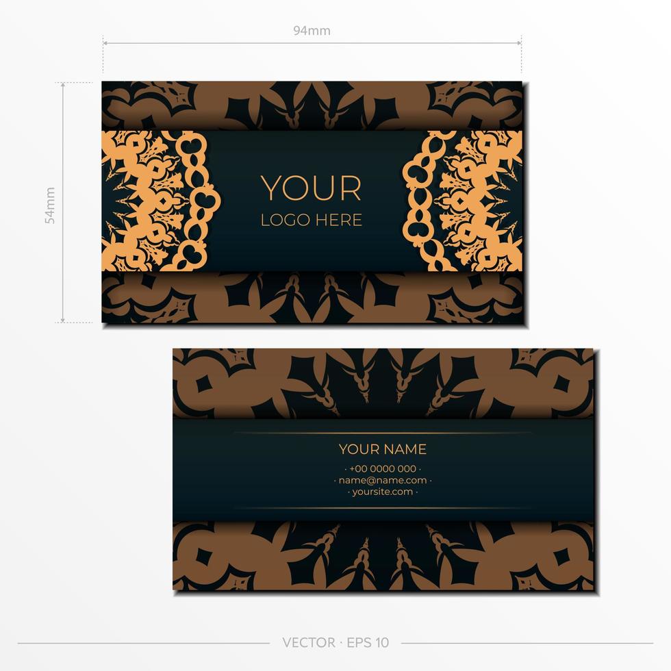 plantilla de tarjetas de visita verde oscuro con adornos decorativos tarjetas de visita, patrón oriental, ilustración. vector