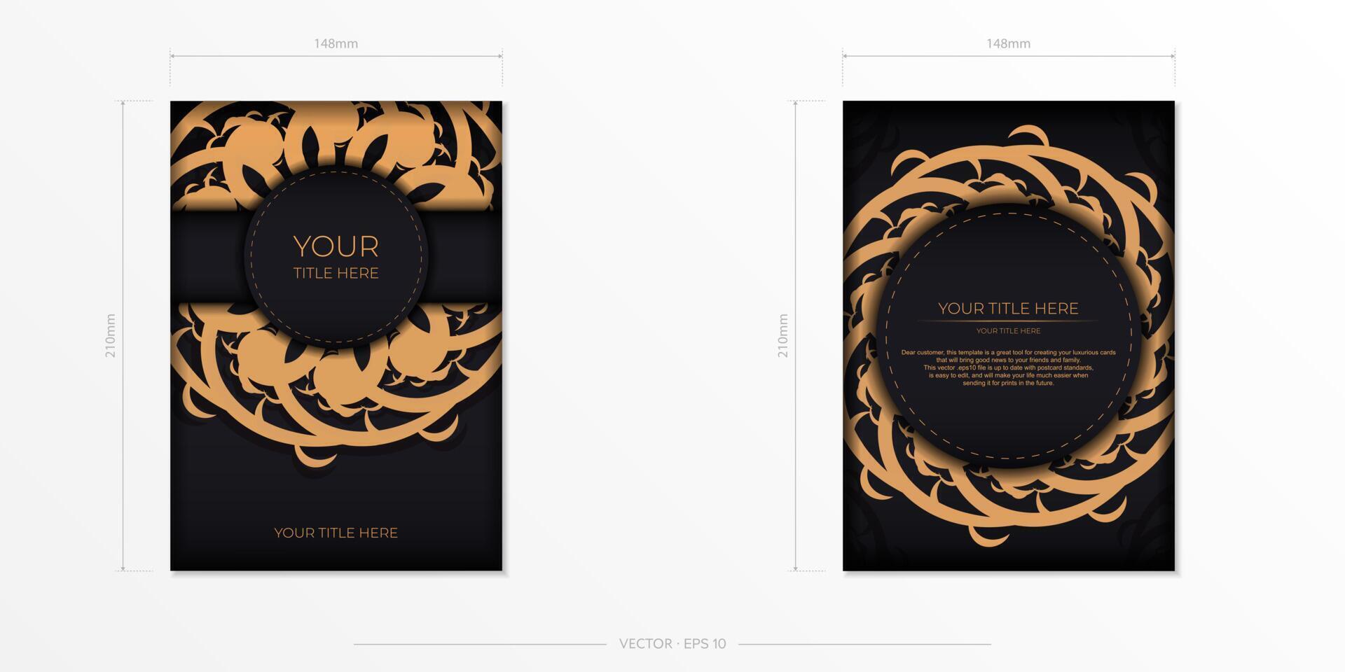 Luxurious black rectangular postcard template with vintage abstract mandala ornament. Elegant and classic vector elements ready for print and typography.
