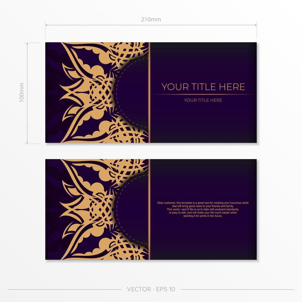 Luxurious purple rectangular postcard template with vintage indian ornaments. Elegant and classic vector elements ready for print and typography.