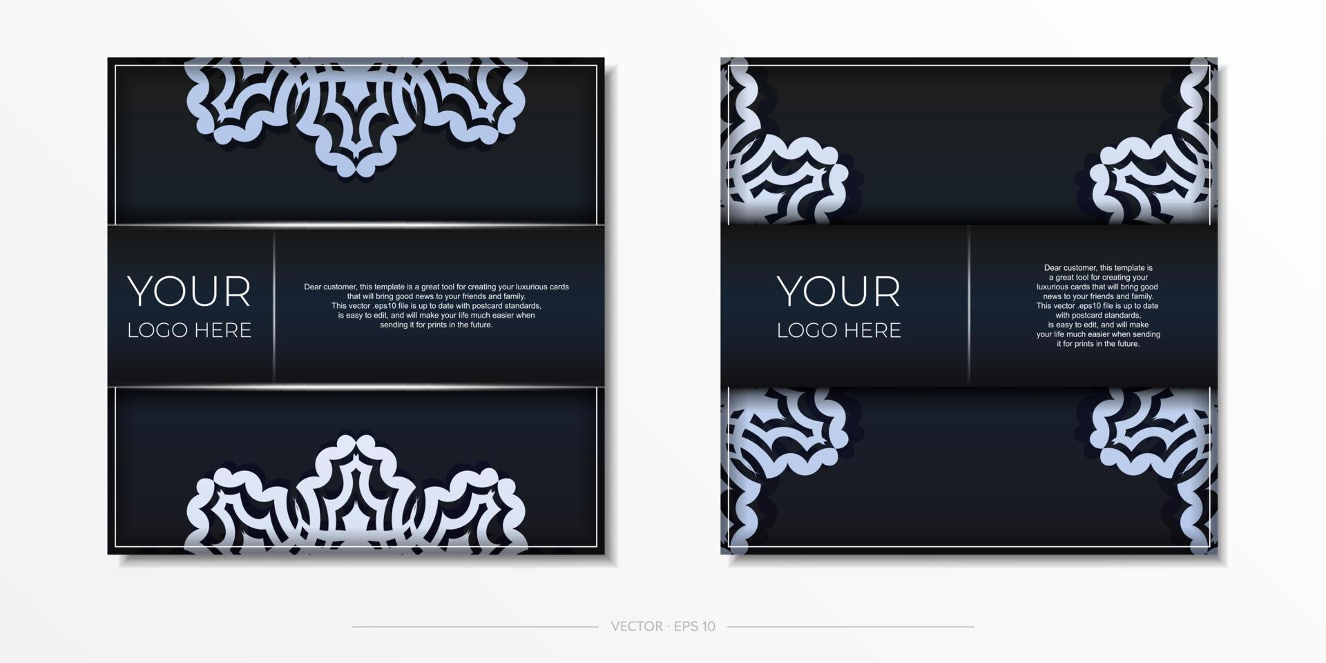 plantilla de postal azul oscuro con adorno de mandala abstracto blanco. elementos vectoriales elegantes y clásicos listos para impresión y tipografía. vector