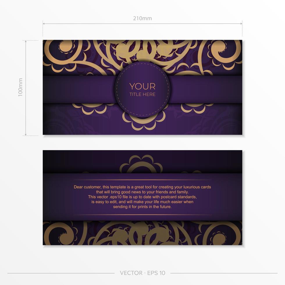 Luxurious purple postcard template with vintage abstract ornament. Elegant and classic vector elements are great for decoration.