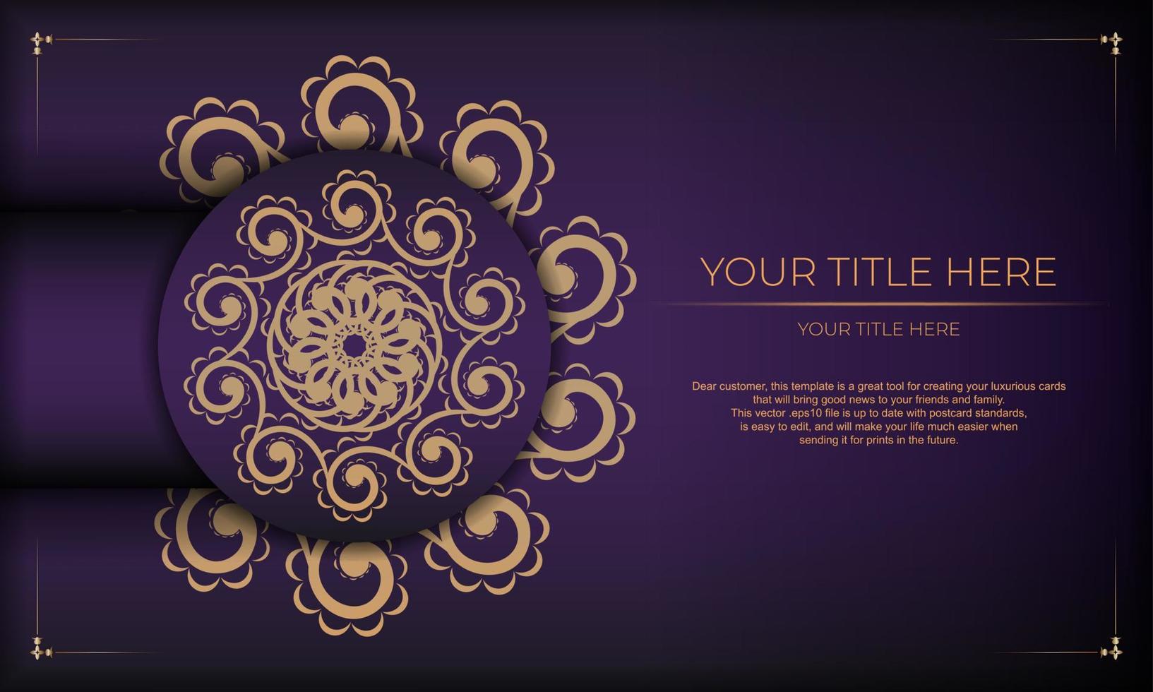 Luxurious purple invitation card template with vintage indian ornaments. Elegant and classic elements ready for print and typography. Vector illustration.