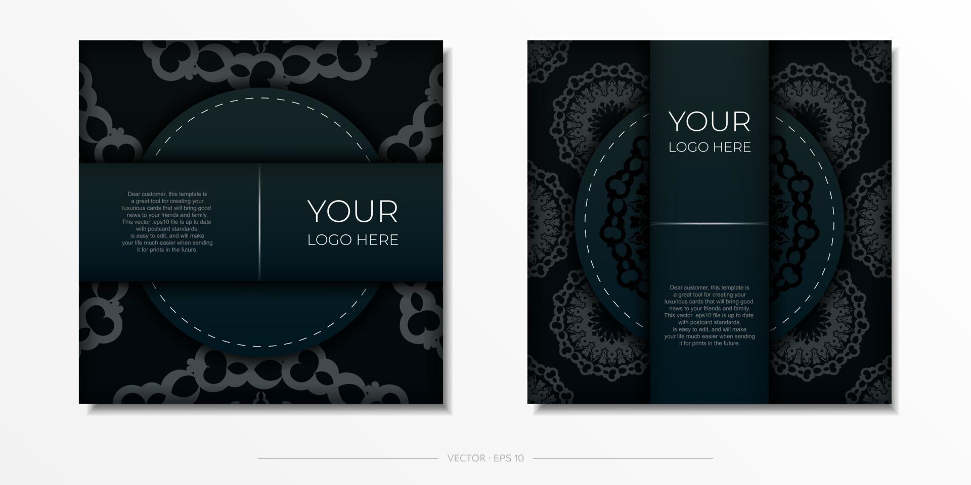 Dark green postcard template with white Indian mandala ornament. Elegant and classic vector elements ready for print and typography.