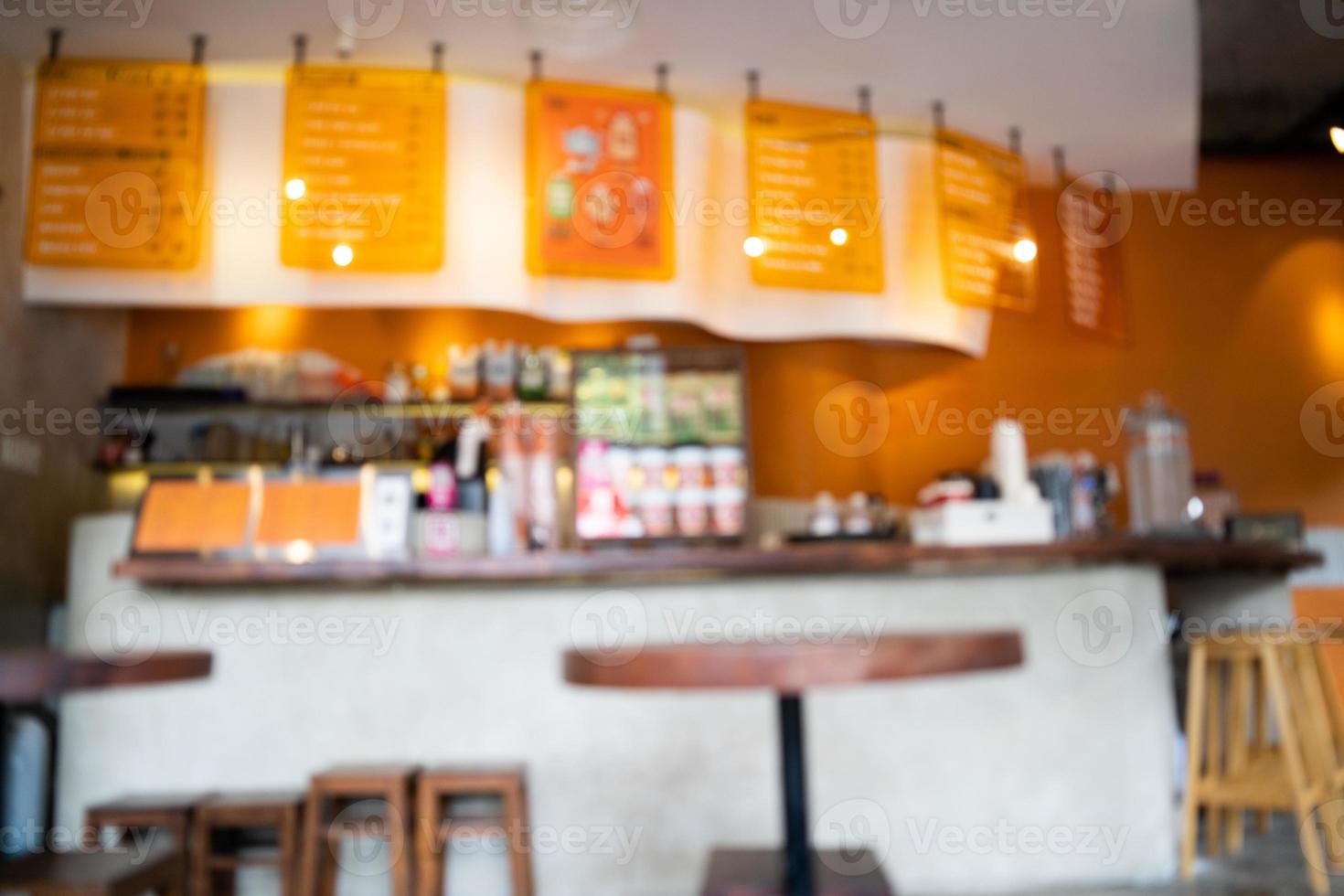 Blurred background Interior of cozy coffee shop. Contemporary design in loft style, modern dining place and bar counter, copy space. photo