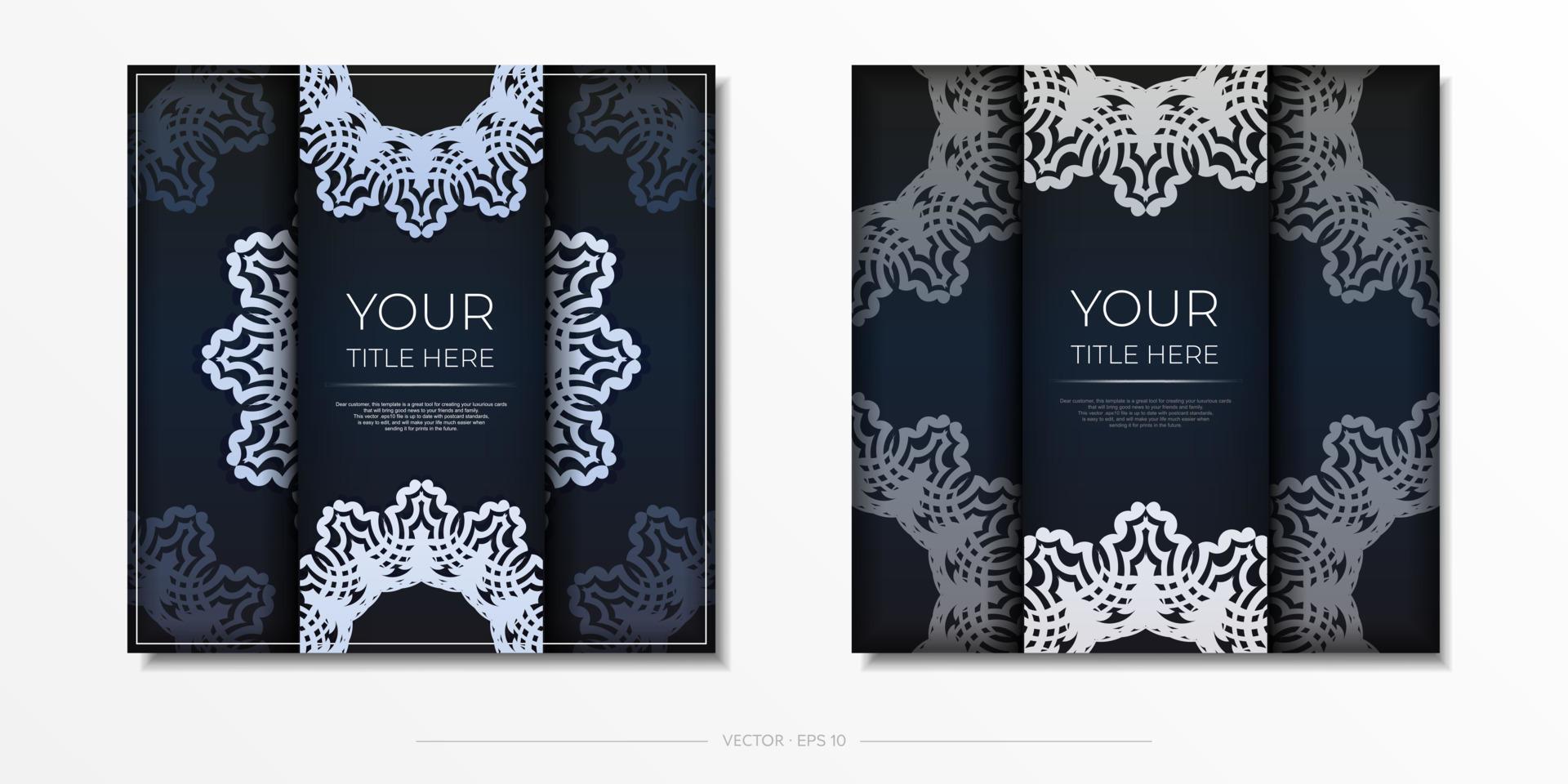 Dark blue postcard template with white abstract mandala ornament. Elegant and classic vector elements are great for decoration.