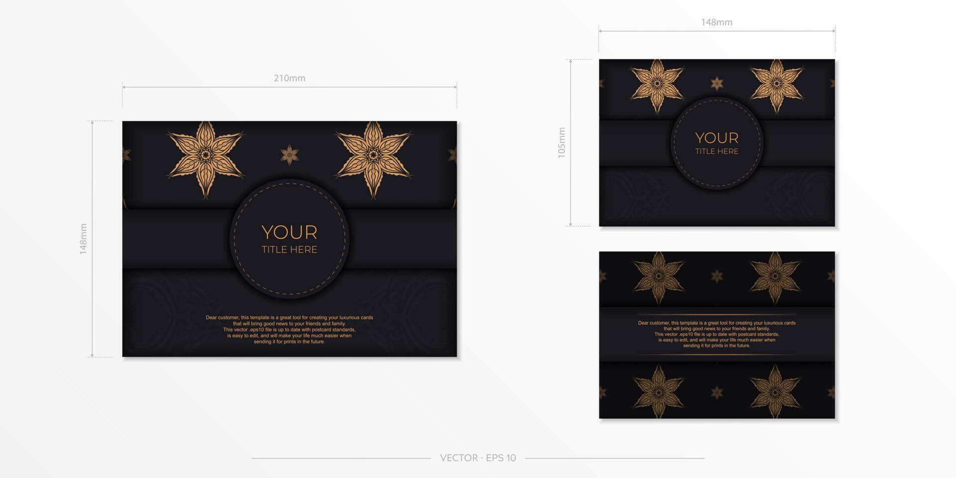 Luxurious black postcard template with vintage Indian mandala ornament. Elegant and classic vector elements ready for print and typography.