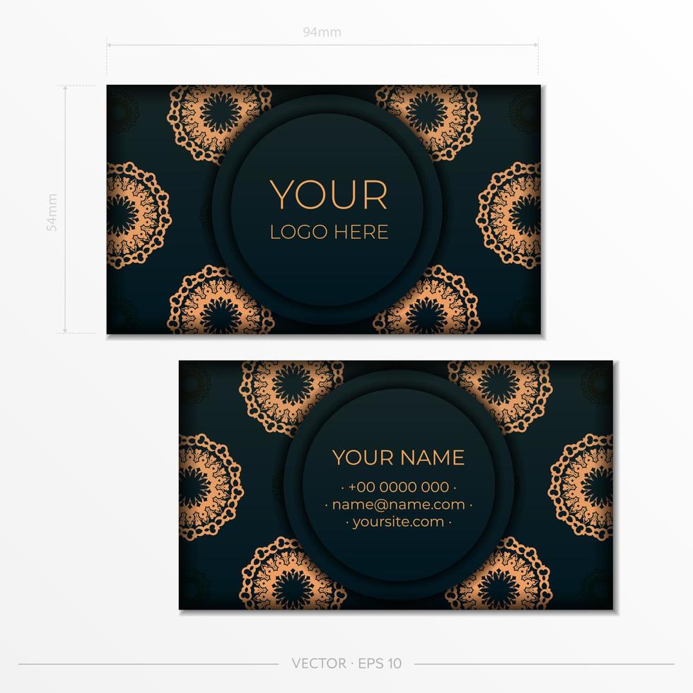 Template Dark green Business cards with decorative ornaments business cards, oriental pattern, illustration. vector