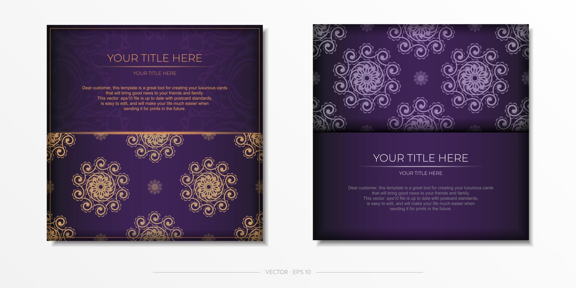 Luxurious purple postcard template with vintage abstract mandala ornament. Elegant and classic elements ready for print and typography. vector