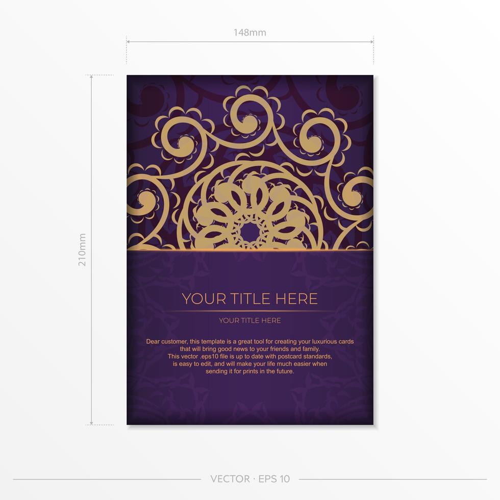 Luxurious purple postcard template with vintage indian ornaments. Elegant and classic vector elements ready for print and typography.