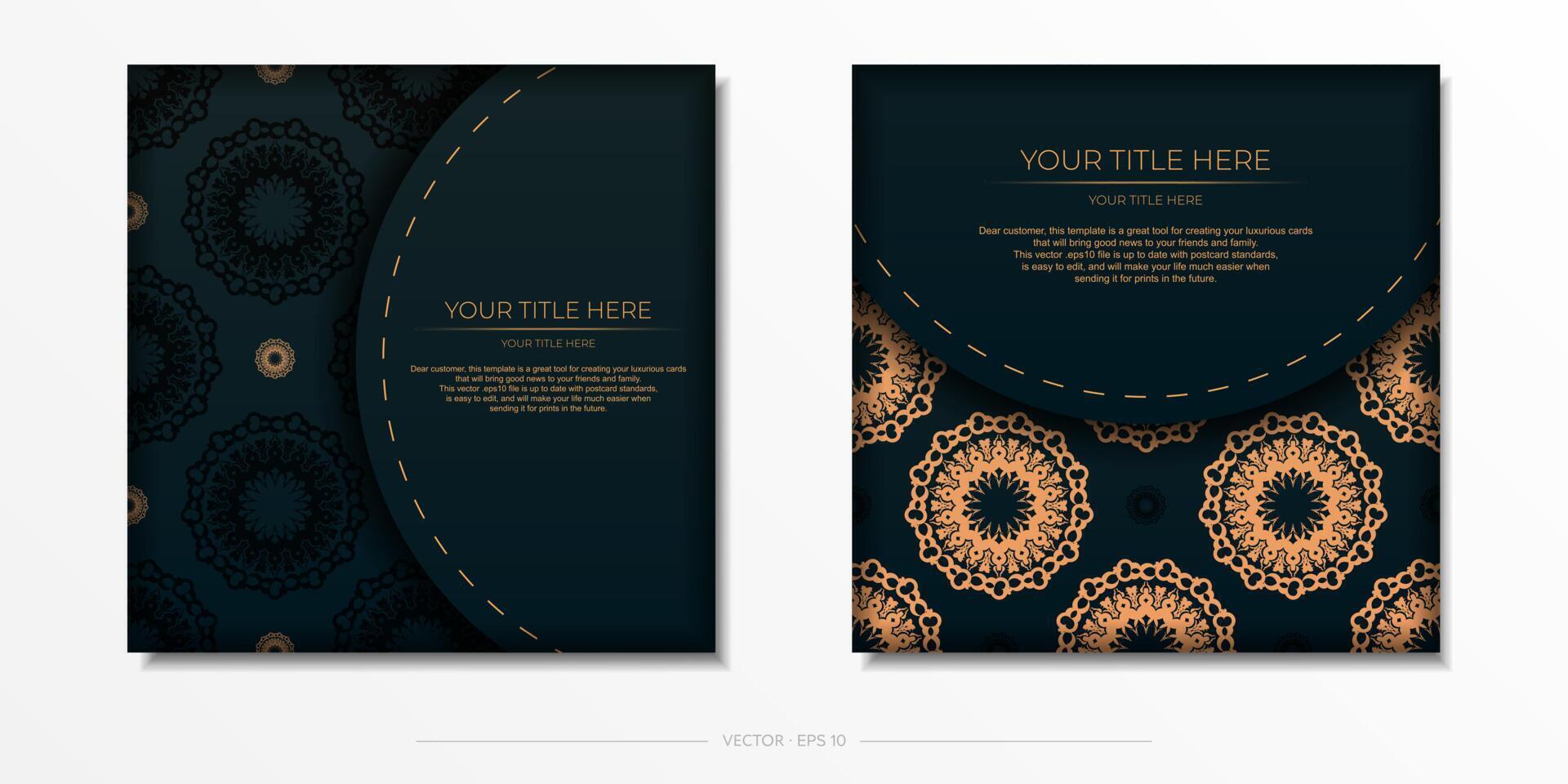 Dark green postcard template with white abstract mandala ornament. Elegant and classic elements ready for print and typography. vector
