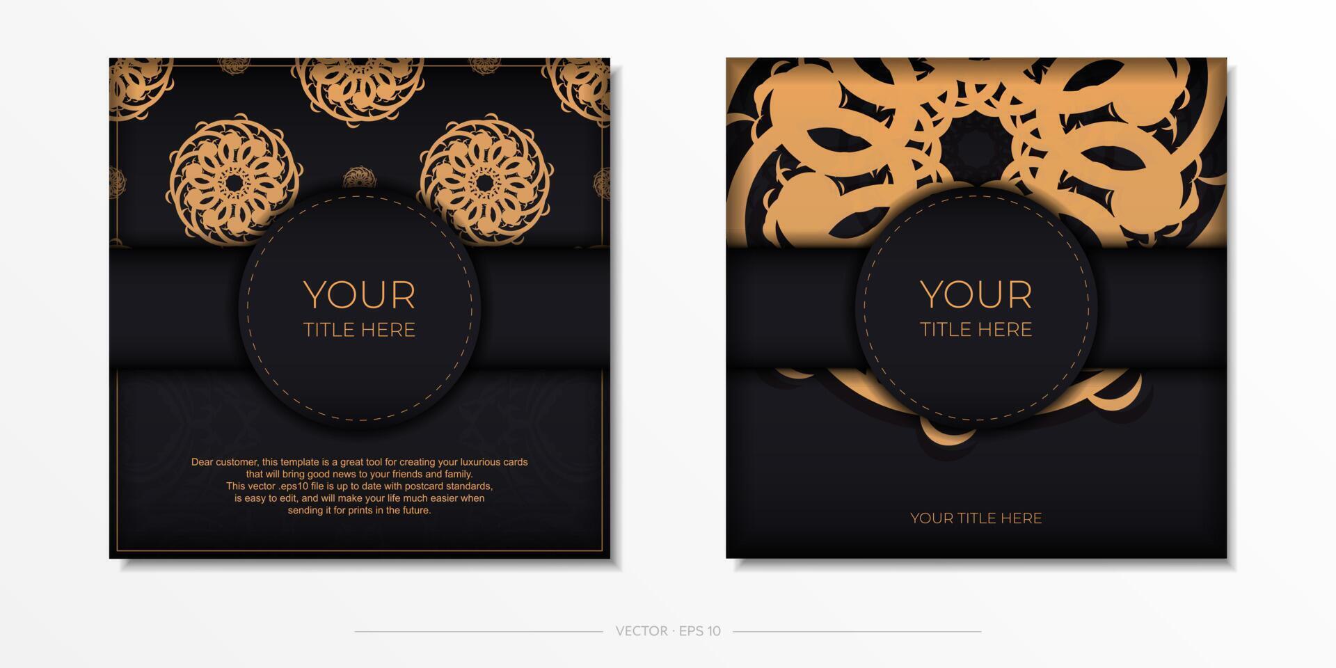 Luxurious black square postcard template with vintage abstract ornament. Elegant and classic elements ready for print and typography. vector