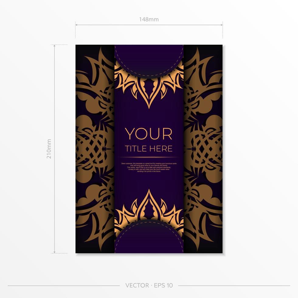 Luxurious purple rectangular postcard template with vintage abstract ornament. Elegant and classic vector elements are great for decoration.