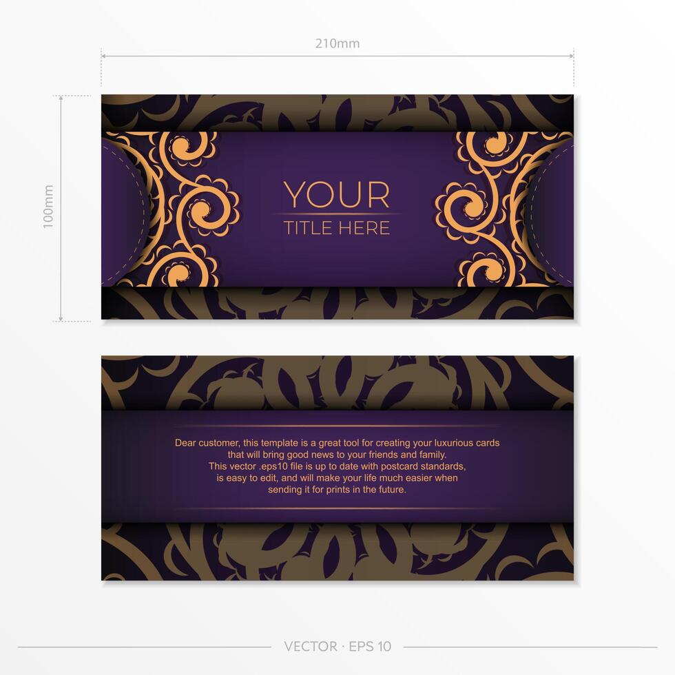 Luxurious purple postcard template with vintage abstract ornament. Elegant and classic vector elements ready for print and typography.